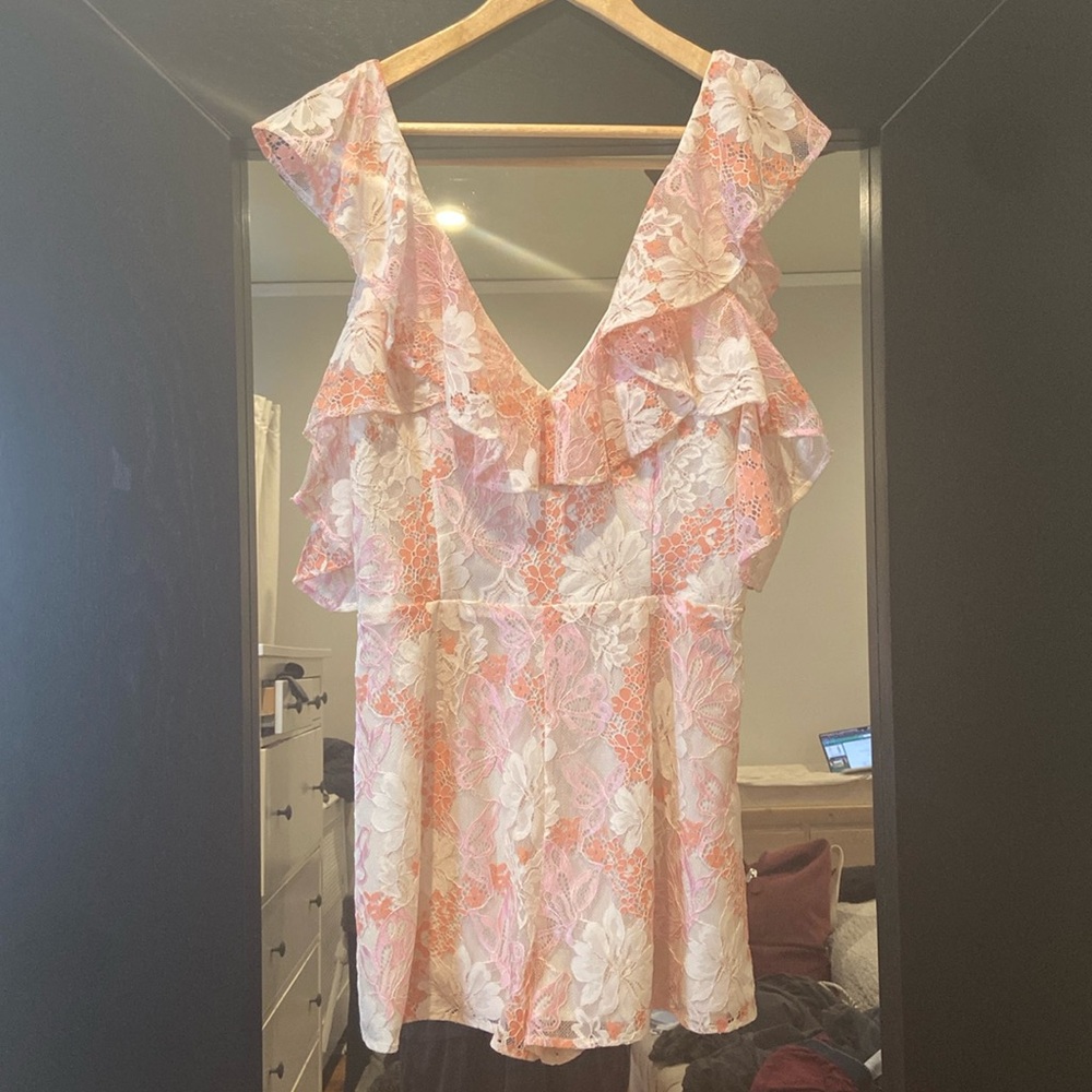 Lovers + Friends pink cream floral lace romper